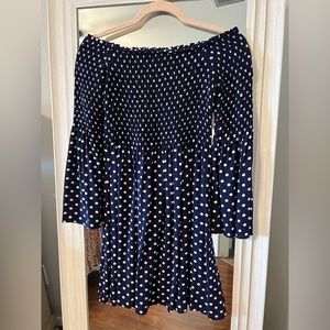 Navy off the shoulder bell sleeve dress